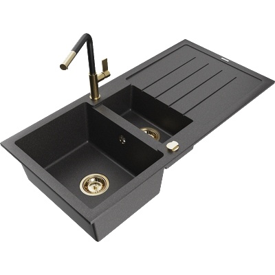 Mexen Andres гранитна мивка 1, 5-коморна с отцедник и кухненски смесител Flora, черно с пръски - 6515-76-670401-57-G (6515-76-670401-57-G)