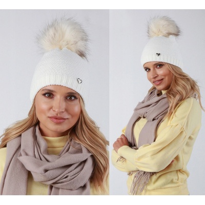 Fashionweek dámská zimní čepice s bambulí flísová podšívka ZIZI-V12 smetanový