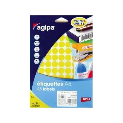 Etikety kruhové 15mm Agipa A5 žlté AG114314