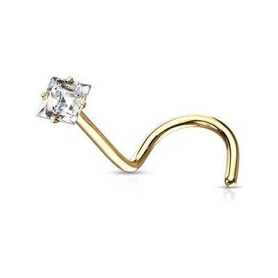 Šperky4U zlacený zahnutý piercing do nosu čtvereček čirý zirkon N0137GDC