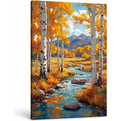 Papilora Obraz jesennej krajiny s brezami a potokom na plátne – s ručne maľovanými detailmi - 60x90 cm