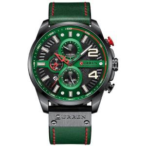 Curren Мъжки часовник Curren Jarar, Хронограф, Кожена каишка , Черен / Зелен (CURREN-8393-GREEN) Часовници