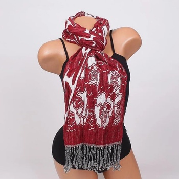 Image 1 of Топъл дамски шал в червено и бяло с рози