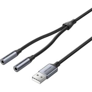 Vention Кабел Vention CVHHC, от USB-A(м) към 2x Jack 3.5mm(ж), 0.25m, черен (CVHHC)