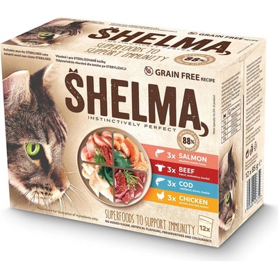 Shelma Cat kuřecí hovězí losos treska 12 x 85 g
