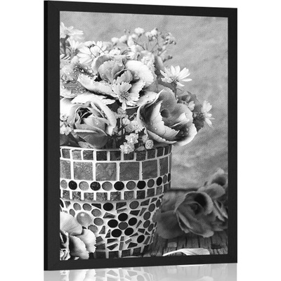 Plakát květiny karafiátu v mozaikovém květináči v černobílém provedení - 20x30 black