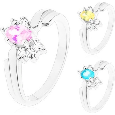 Šperky eshop lesklý prsten se zahnutými rameny broušený ovál tři čiré zirkonky po stranách V10.19 Světlemodrá