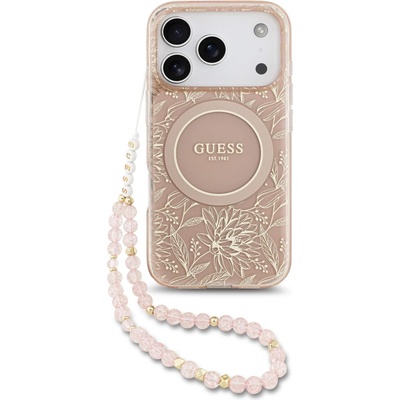 GUESS Хибриден удароустойчив кейс с MagSafe и връзка за ръка за iPhone 17 Pro - Guess IML Flowers Allover Strap MagSafe Case (розов) (GUHMP17LHCPOFPP)