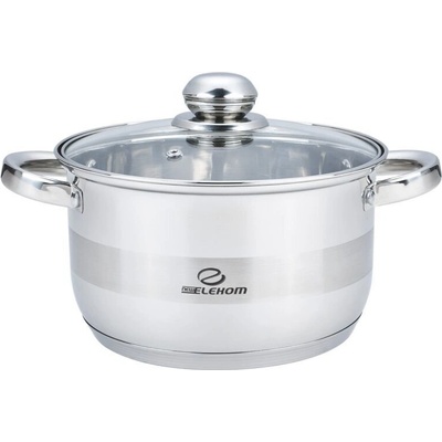 Elekom Тенджера инокс ЕК-2816 G, Стъклен капак, 7 Слойно Индукционно дъно, Размери 28х16, 5 см, Полезен обем - 9 Литра, Мерителна скала отвътре (ЕК-2816 G)