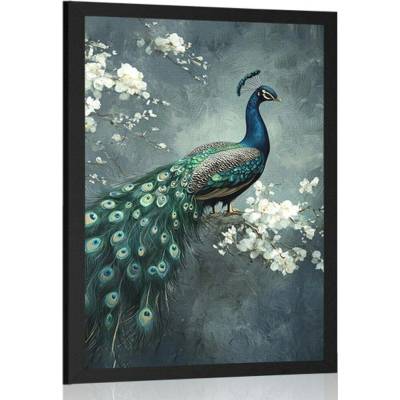 Plakát páv s květinami - 30x45 silver