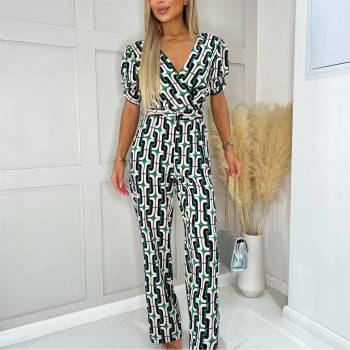 Image 1 of AX Paris Multi Geometric Printed Wrap Top Belted Jumpsuit - Multi