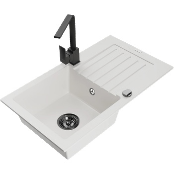 Mexen Pablo Гранитна мивка с 1 отделение с дренаж и кухненски смесител Rita, бял - 6510-20-670300-70 (6510-20-670300-70)