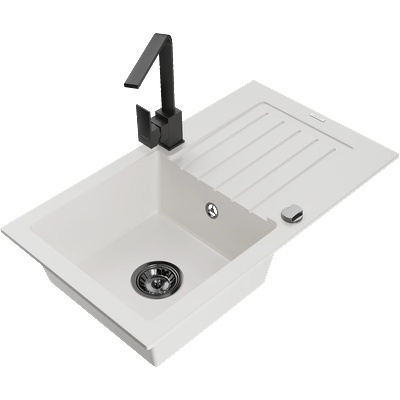 Mexen Pablo Гранитна мивка с 1 отделение с дренаж и кухненски смесител Rita, бял - 6510-20-670300-70 (6510-20-670300-70)