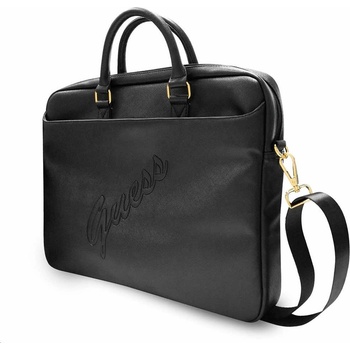 GUESS Луксозна дизайнерска чанта с дръжки и презрамка за преносими компютри до 16 инча - Guess Saffiano Vintage Script Laptop Bag 16 (черна) (GUCB15PUSASBK)