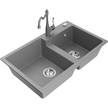 Mexen Tomas гранитна мивка с 2 камери с кухненски смесител Carla, сив - 6516-71-670700-71 (6516-71-670700-71)