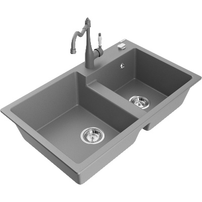 Mexen Tomas гранитна мивка с 2 камери с кухненски смесител Carla, сив - 6516-71-670700-71 (6516-71-670700-71)