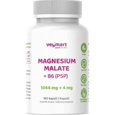 Vegmart Magnesium malát 15% + Vitamín B6 P5P 180 kapslí