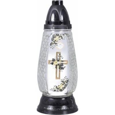 Sklenený náhrobný lampáš Kríž s kvetom 29 cm, čierny