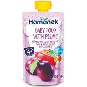 Hamanek Плодово бебешко пюре Hamanek - Пауч с ябълка и сливи, 120 g (8595139783976) - ozone