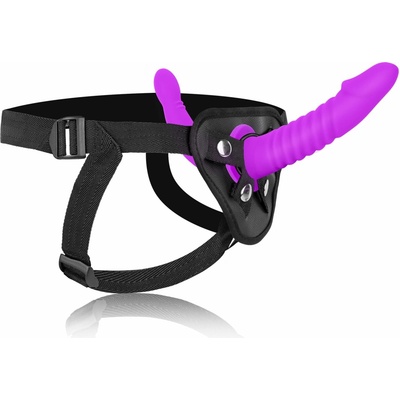 SuperLove Soft Silicone Pegging Dual Dildo Strap-On Harness Purple-Black