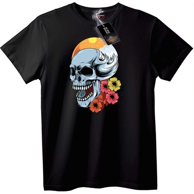 NOONEBRAND Тениска Череп, Слънце и Цветя - 6XL, Black