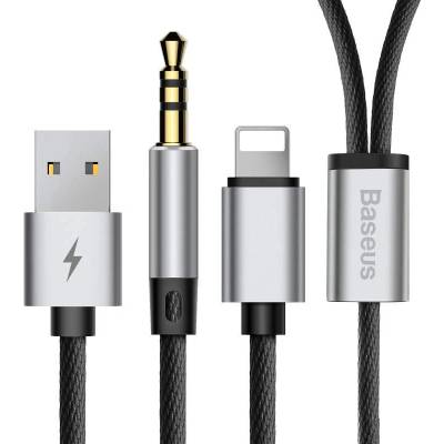 Baseus USB to Lightning + 3.5 mm Cable - USB кабел за зареждане и аудио за устройства с Lightning порт (черен)