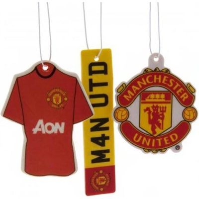 CurePink Set 3 kusů osvěžovačů vzduchu FC Manchester United: Znak,dres,SPZ 7 x 7 cm