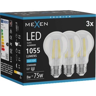 Mexen Vintis 3x LED филтърна крушка E27, A60, 8W, Студена - 6500K, 1055 lm, чиста (L150-E27-0865-00x03)