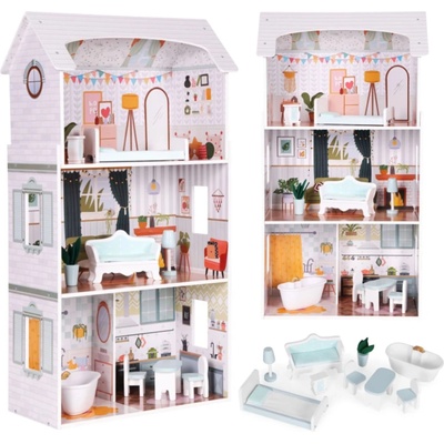 ECOTOYS Alice дървена къща за кукли, 3 нива, 4 стаи, 9 мебелни части (D8211)