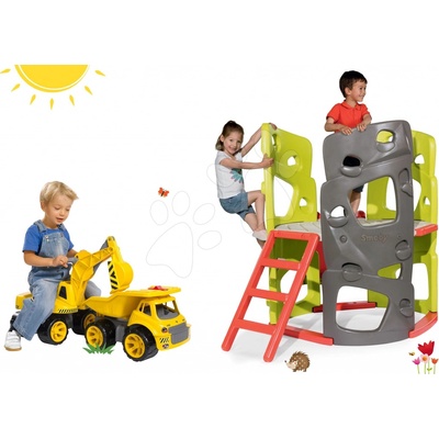 Smoby set preliezačka Multi-Activity Tower na šplhanie so šmykľavkou a odrážadlo bager a nákladné auto 840201-21