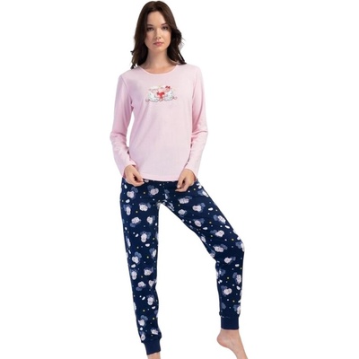 Дамска пижама в розово и тъмносиньо с апликация овчици