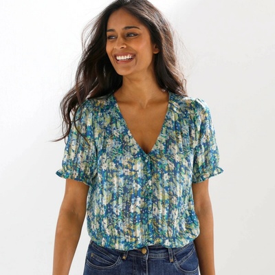 Voálová halenka na knoflíčky, s potiskem modrošedá – Zboží Dáma