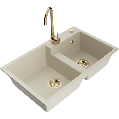 Mexen Tomas гранитна мивка с две корита с кухненски смесител Telma, бежова - 6516-69-670200-50 (6516-69-670200-50)