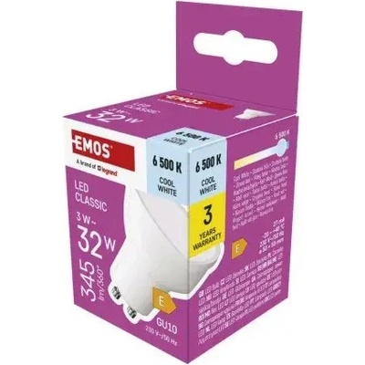 Emos LED žiarovka Classic MR16 biela,GU10,3 W 32 W ,345 lm ,studená biela
