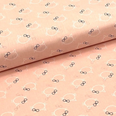 Bavlněné plátno P0686 světle růžové, kočičí hlavy s mašlí, š.140