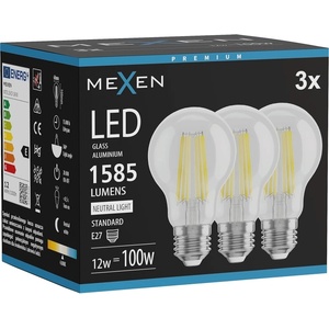 Mexen Vintis 3x LED филамент крушка E27, A60, 12W, Неутрална - 4000K, 1585 lm, прозрачно (L150-E27-1240-00x03)