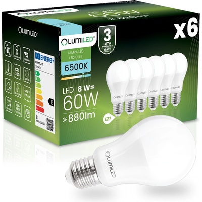 Lumiled 6x LED žiarovka E27 A60 8W = 60W 806lm 6500K Studená biela 260°