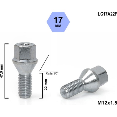 Kolový šroub M12x1,5x22, kužel, klíč 17, LC17A22F ; výška 47,5 | Zboží Auto