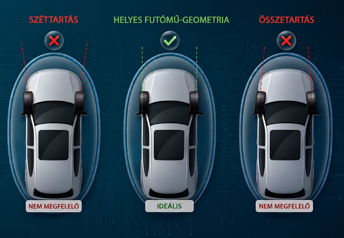 A kerekek széttartását, összetartását és a helyes beállítású kerékgeometriát szemléltető ábra