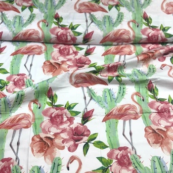 Bavlnená látka, vzor Plameniakov na bielom podklade, metráž 160 cm