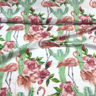 Bavlnená látka, vzor Plameniakov na bielom podklade, metráž 160 cm