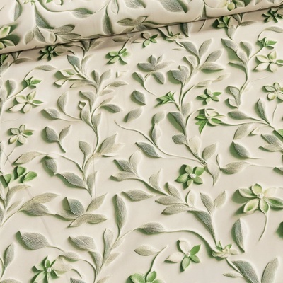 Forbyt dekorační závěs 25019/108 VELVET, zelené popínavé listy s květy na béžové, šířka 150cm (látka v metráži)