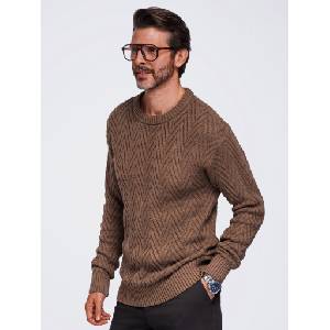 Ombre Clothing Мъжки пуловер от плетене с зигзагообразен мотив - кафяв V4 OM-SWSW-0190 Ombre Clothing Ombre Clothing | Kafyav | МЪЖЕ | S