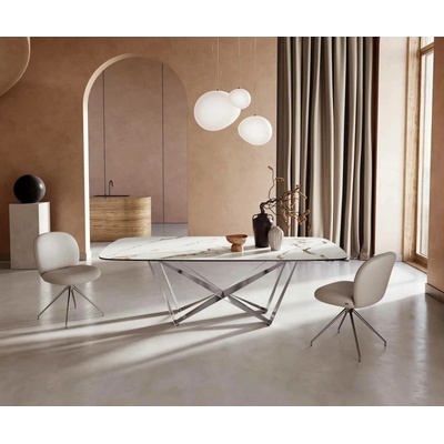 DELIFE Jídelní stůl Edge oválný 240 x 120 keramika Calacatta Luxe bílo-zlatošedá podnož ve tvaru "V" plochá ocel černá