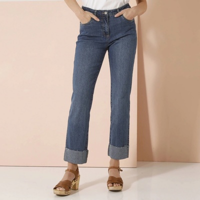 Rovné 7/8 džínsy s ohrnutými nohavicami a vysokým pásom zapratá modrá