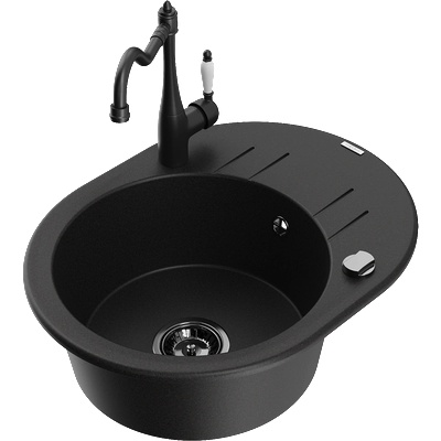 Mexen Kevin кухненска мивка от гранит с една камера с отцедник и кухненският смесител Carla, черен - 6517-77-670700-70-B (6517-77-670700-70-B)