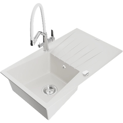 Mexen Cesar гранитна мивка с 1 отделение с отцедник и кухненски смесител Duo, бял - 6514-20-671701-02 (6514-20-671701-02)