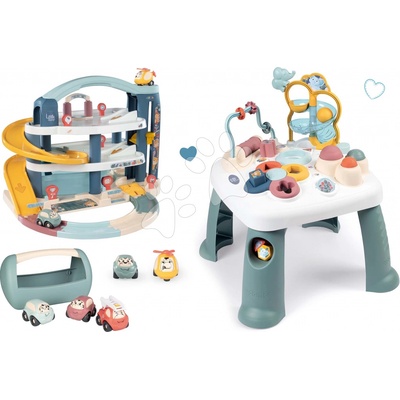 Smoby Activity Table Little a garáž 3patrová s výtahem a kufřík na nářadí s autíčky