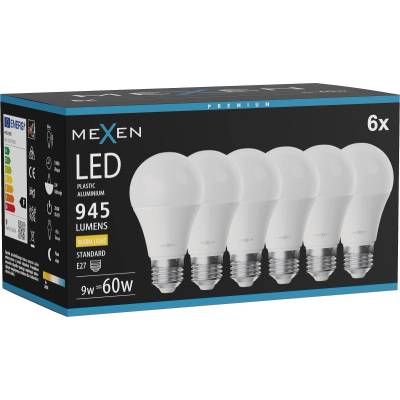 Mexen Nova 6x LED крушка E27, A60, 9W, Топло - 3000K, 945 lm - L100-E27-0930-01x06 (L100-E27-0930-01x06)