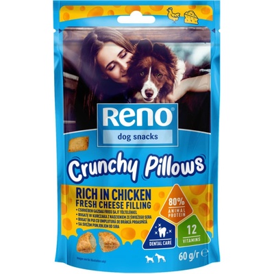 RENO Snack Crunchy Pillows vankúšiky plnené kuracinou a syrom pre psov 60 g